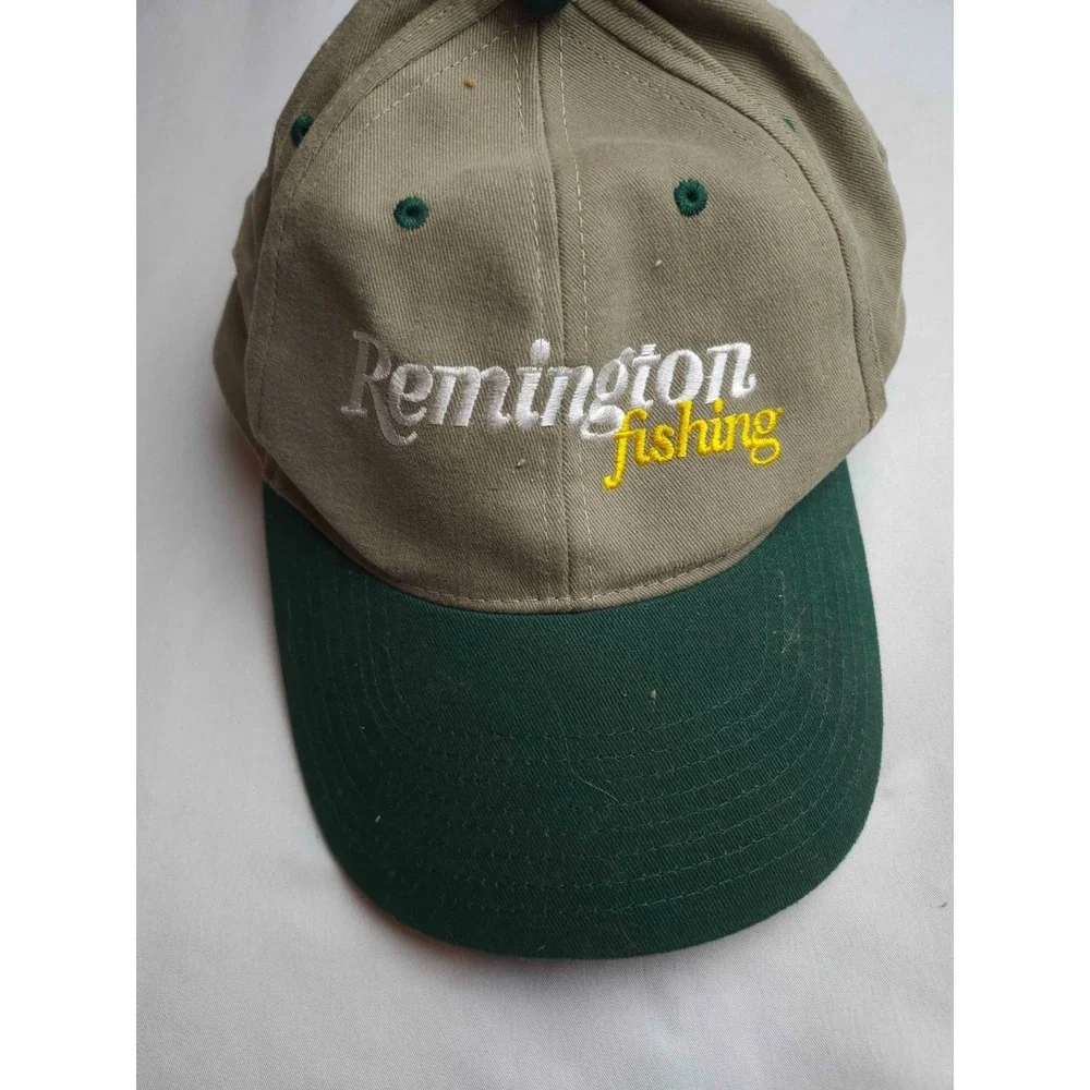 Remington Fishing Hat Cap Mens Adjustable Tan Green Canvas Outdoor Dad Vintage